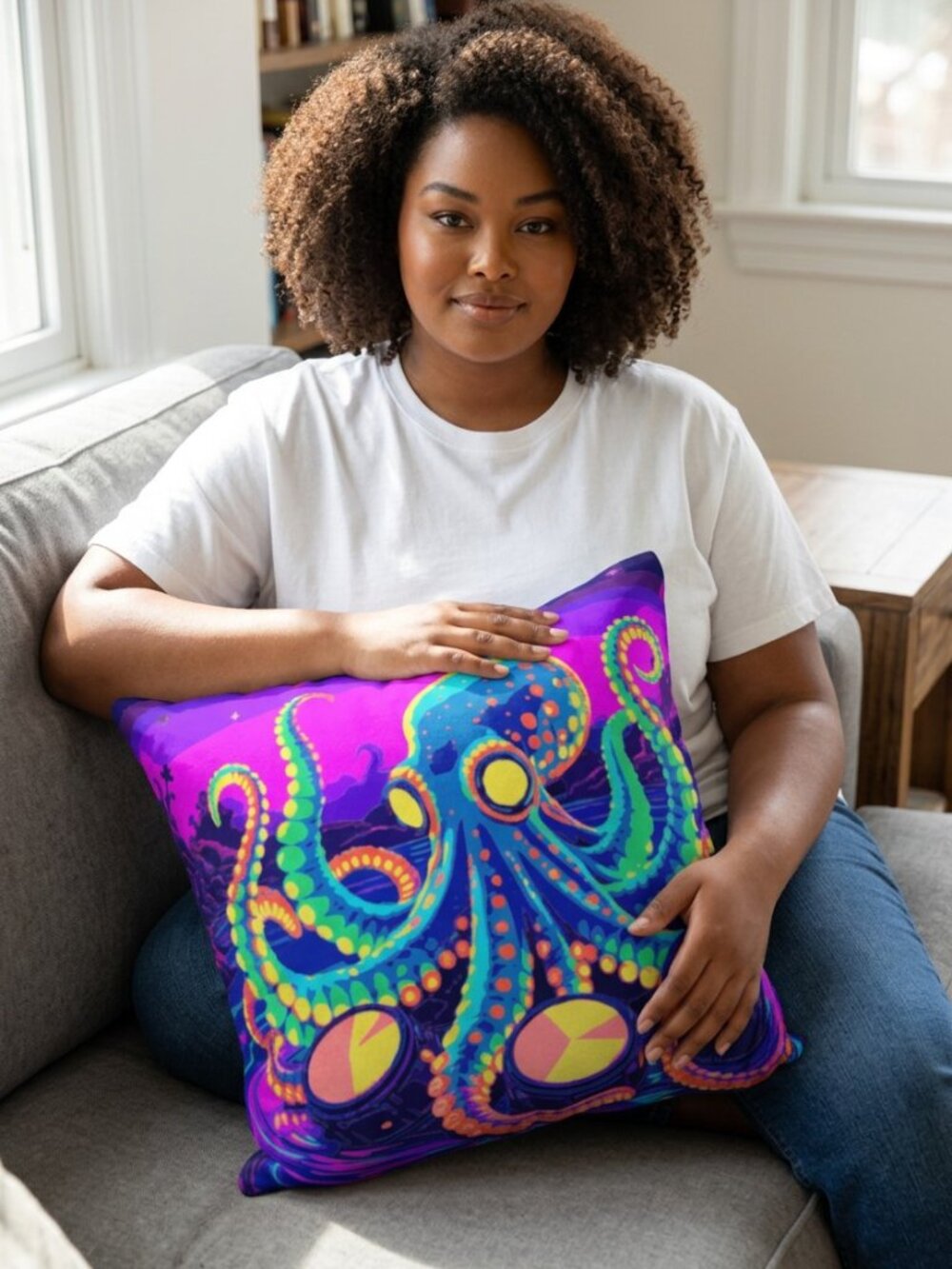 Neon Octopus Pillow • 68% Cotton / 32% Linen • 18x18